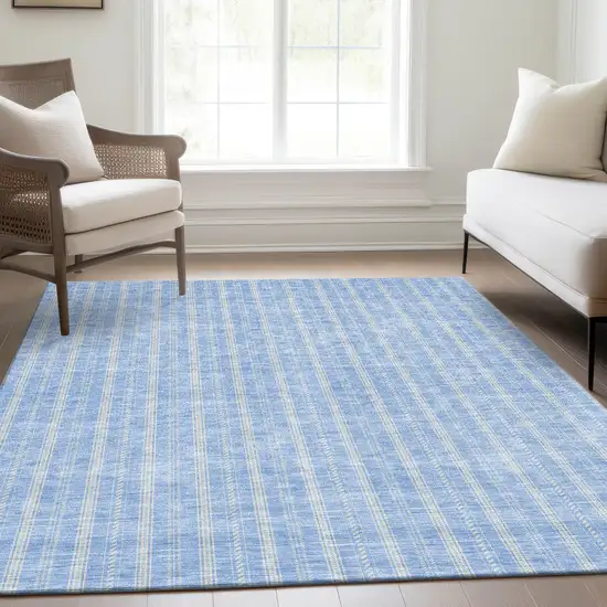 Sky Blue And Ivory Striped Washable Area Rug With UV Protection Photo 5