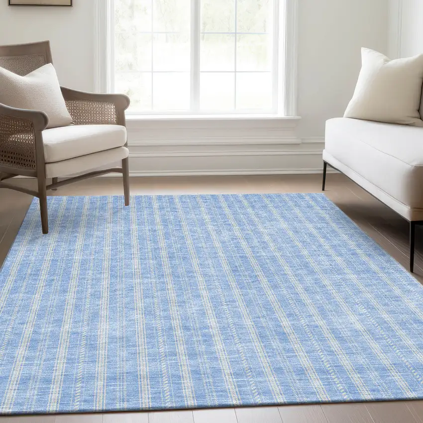 Sky Blue And Ivory Striped Washable Area Rug With UV Protection Photo 5