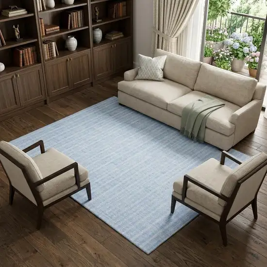 Sky Blue And Ivory Striped Washable Area Rug With UV Protection Photo 1