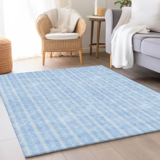 Sky Blue And Ivory Striped Washable Area Rug With UV Protection Photo 4
