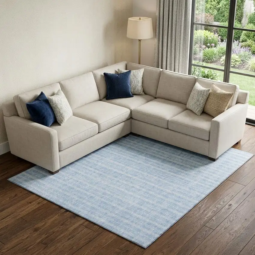 Sky Blue And Ivory Striped Washable Area Rug With UV Protection Photo 1