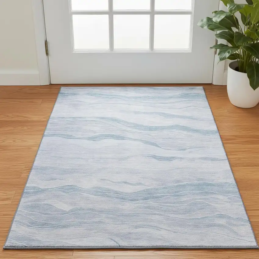 Sky Blue And Ivory Striped Washable Area Rug With UV Protection Photo 2