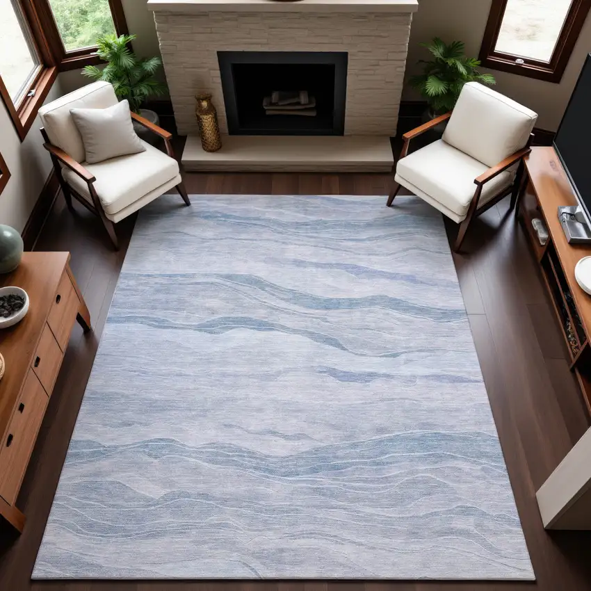 Sky Blue And Ivory Striped Washable Area Rug With UV Protection Photo 4