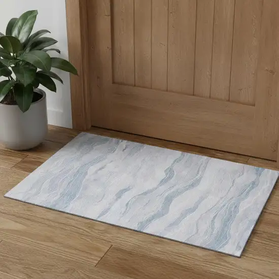 Sky Blue And Ivory Striped Washable Area Rug With UV Protection Photo 1