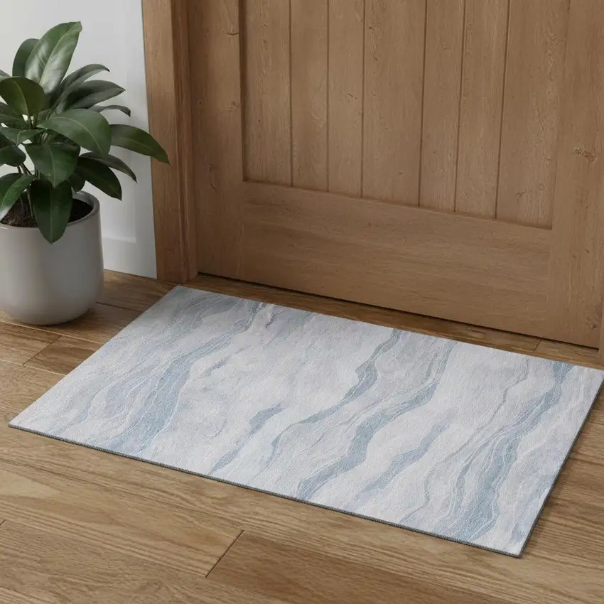 Sky Blue And Ivory Striped Washable Area Rug With UV Protection Photo 1