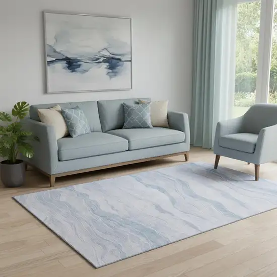 Sky Blue And Ivory Striped Washable Area Rug With UV Protection Photo 2