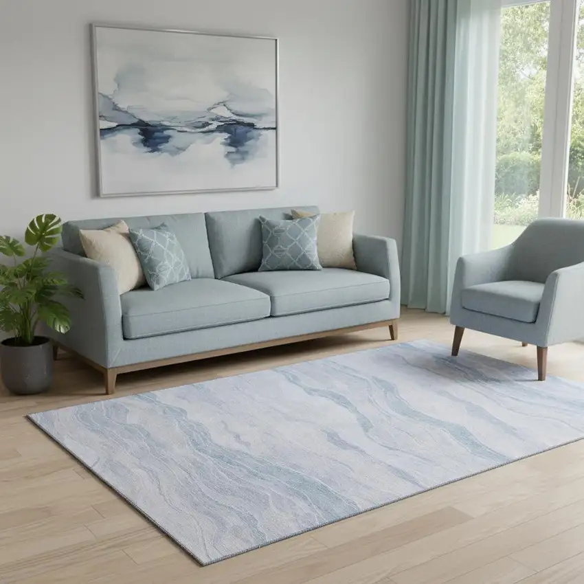 Sky Blue And Ivory Striped Washable Area Rug With UV Protection Photo 2