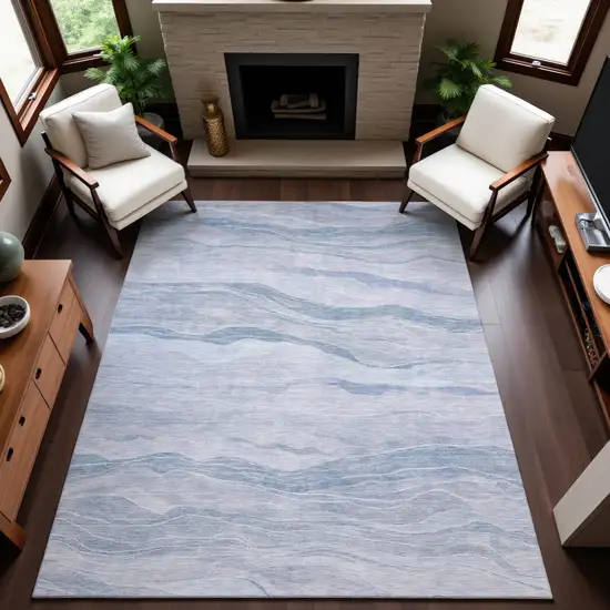 Sky Blue And Ivory Striped Washable Area Rug With UV Protection Photo 4