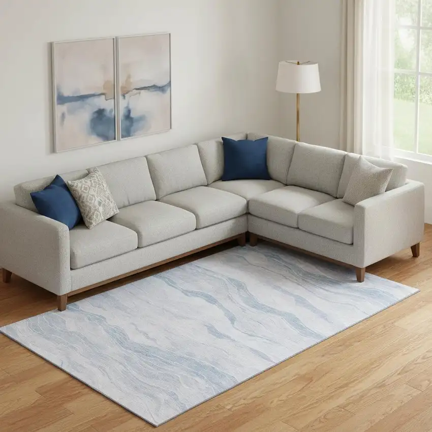 Sky Blue And Ivory Striped Washable Area Rug With UV Protection Photo 2