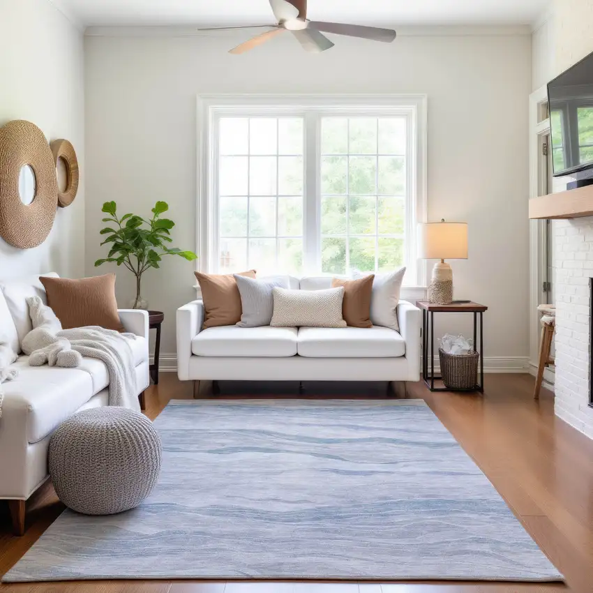 Sky Blue And Ivory Striped Washable Area Rug With UV Protection Photo 6