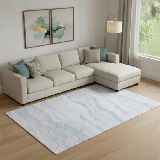 Sky Blue And Ivory Striped Washable Area Rug With UV Protection Photo 2