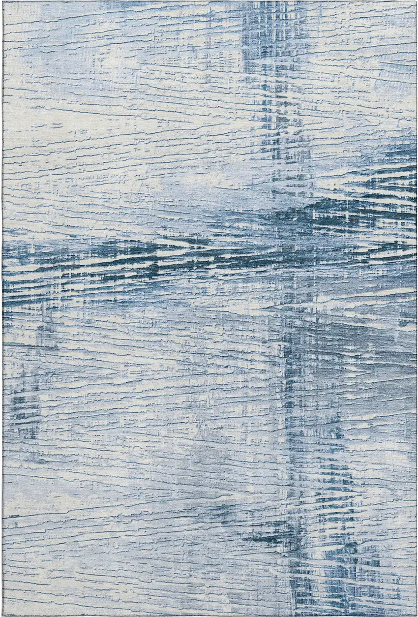 Sky Blue And Ivory Striped Washable Area Rug With UV Protection Photo 1