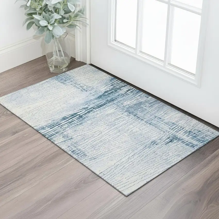 Sky Blue And Ivory Striped Washable Area Rug With UV Protection Photo 2