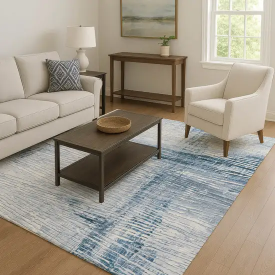 Sky Blue And Ivory Striped Washable Area Rug With UV Protection Photo 6