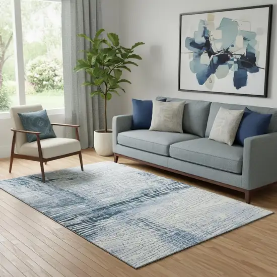 Sky Blue And Ivory Striped Washable Area Rug With UV Protection Photo 2