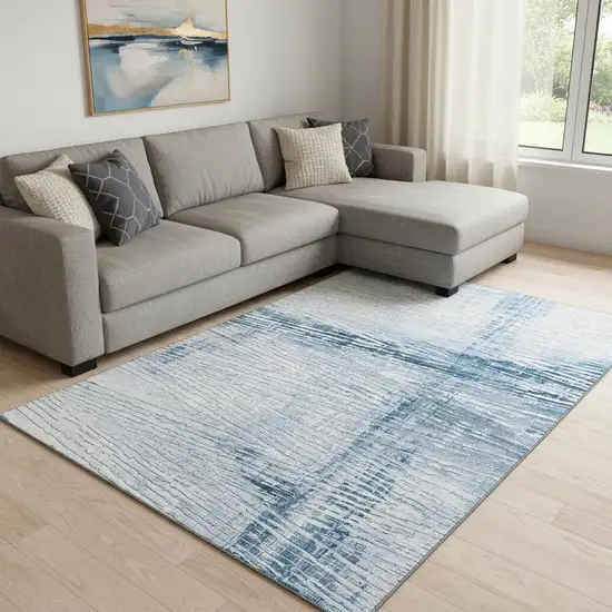 Sky Blue And Ivory Striped Washable Area Rug With UV Protection Photo 2