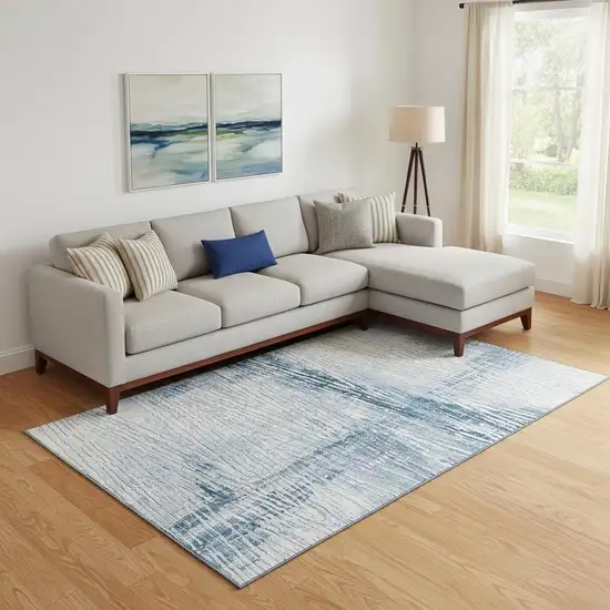 Sky Blue And Ivory Striped Washable Area Rug With UV Protection Photo 2