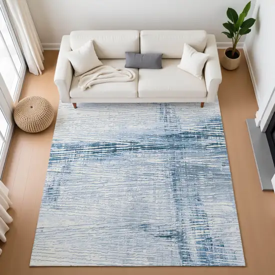 Sky Blue And Ivory Striped Washable Area Rug With UV Protection Photo 5