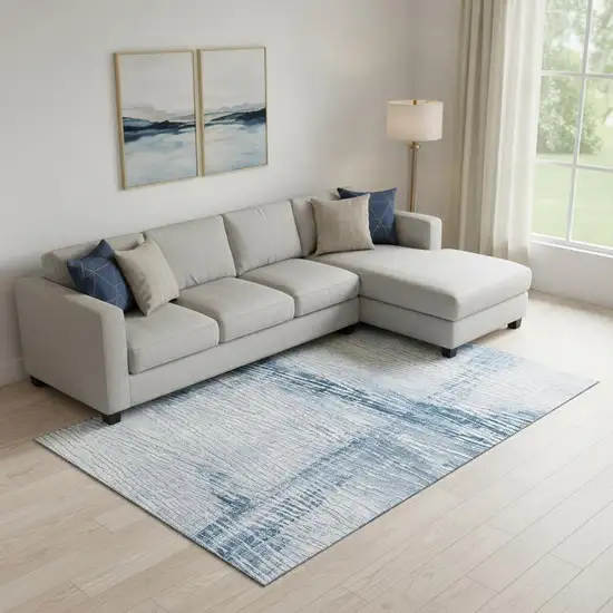 Sky Blue And Ivory Striped Washable Area Rug With UV Protection Photo 2