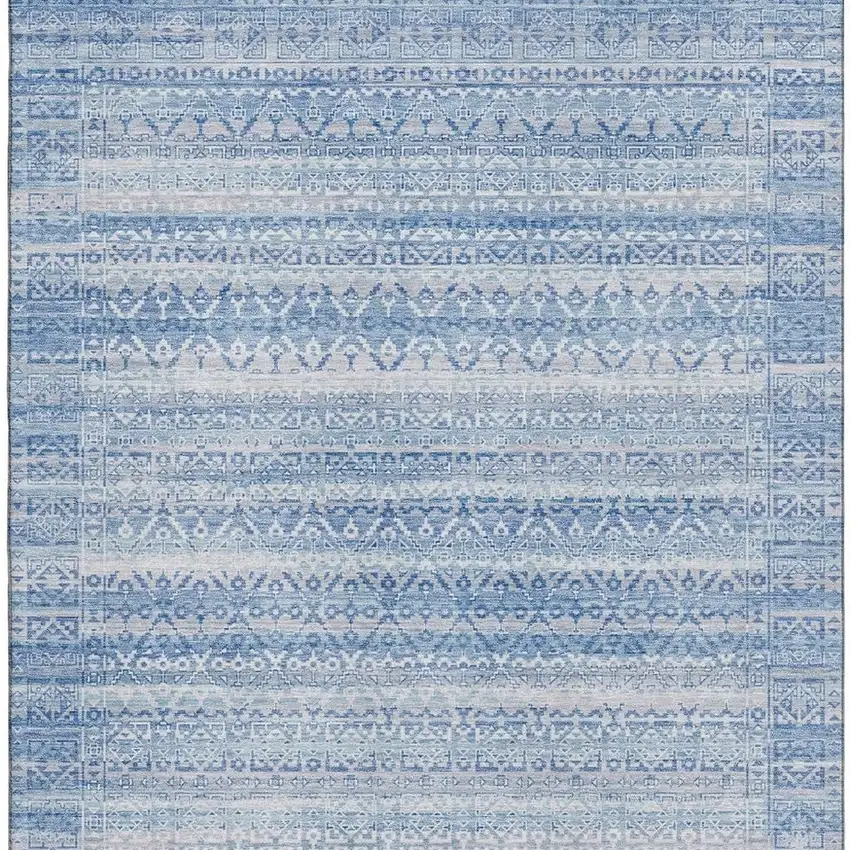 Sky Blue And Ivory Striped Washable Area Rug With UV Protection Photo 4
