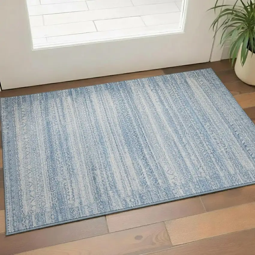 Sky Blue And Ivory Striped Washable Area Rug With UV Protection Photo 2