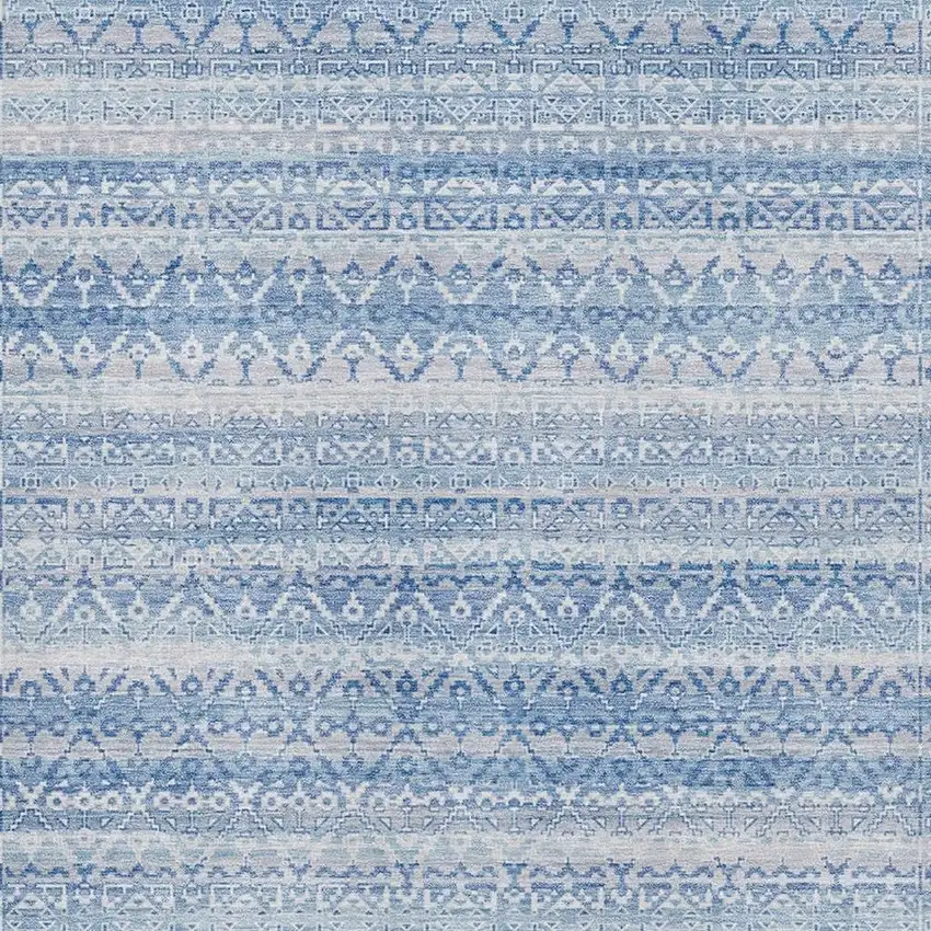 Sky Blue And Ivory Striped Washable Area Rug With UV Protection Photo 3