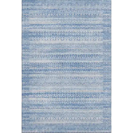 Sky Blue And Ivory Striped Washable Area Rug With UV Protection Photo 1