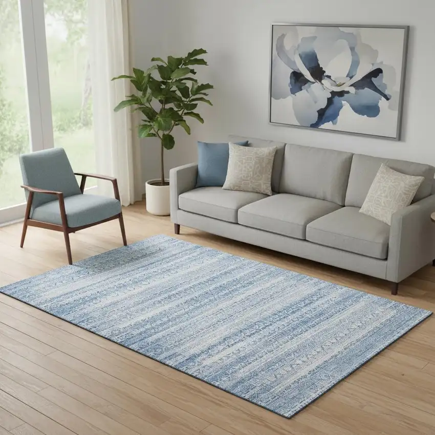 Sky Blue And Ivory Striped Washable Area Rug With UV Protection Photo 2