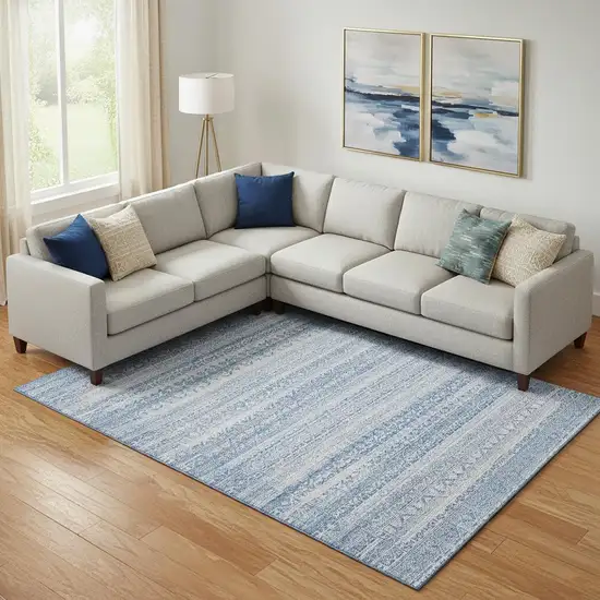 Sky Blue And Ivory Striped Washable Area Rug With UV Protection Photo 2