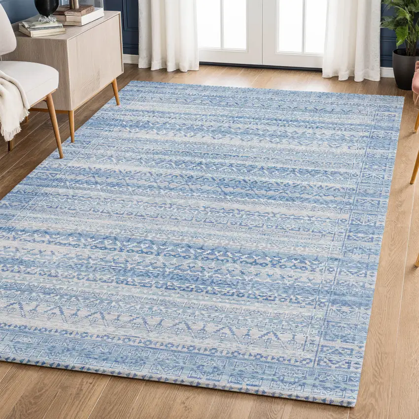 Sky Blue And Ivory Striped Washable Area Rug With UV Protection Photo 6