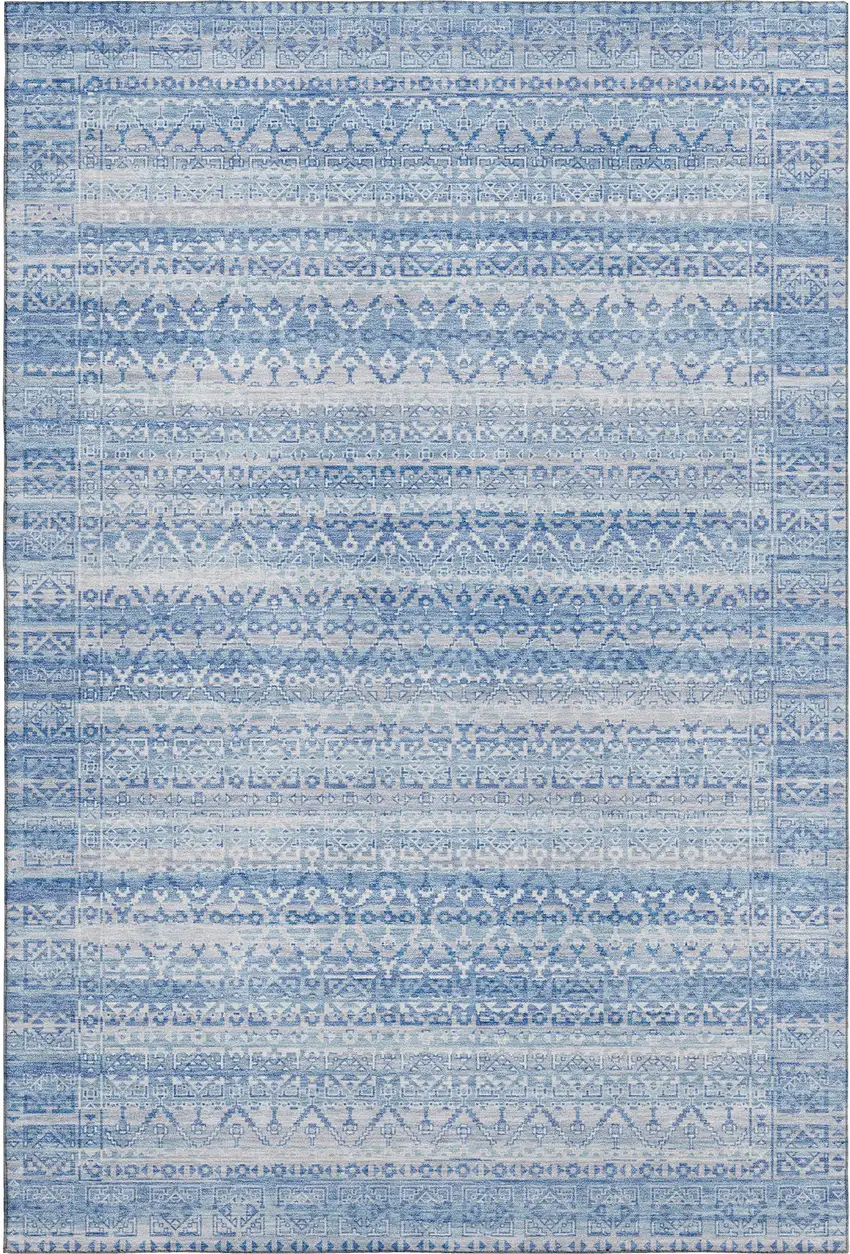 Sky Blue And Ivory Striped Washable Area Rug With UV Protection Photo 1