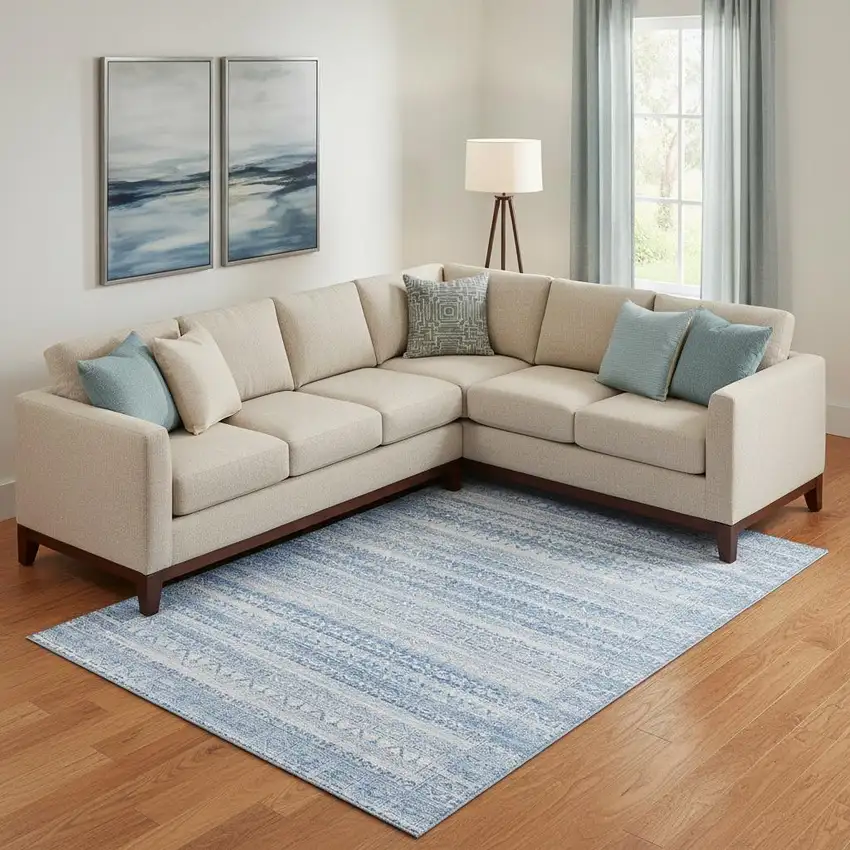 Sky Blue And Ivory Striped Washable Area Rug With UV Protection Photo 2