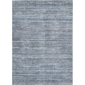 Photo of Sky Blue And Ivory Striped Washable Indoor Outdoor Area Rug