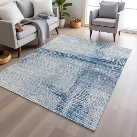 Sky Blue And Ivory Striped Washable Indoor Outdoor Area Rug Photo 7
