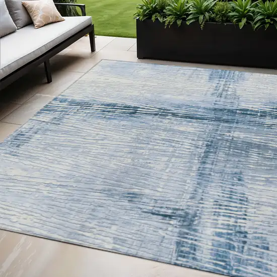 Sky Blue And Ivory Striped Washable Indoor Outdoor Area Rug Photo 2