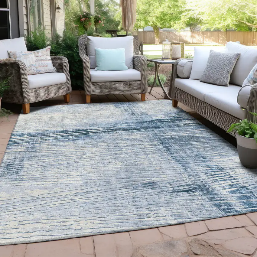 Sky Blue And Ivory Striped Washable Indoor Outdoor Area Rug Photo 4