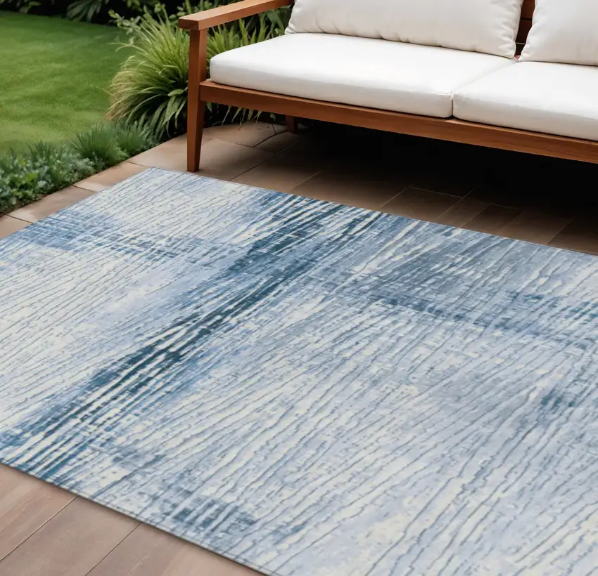 Sky Blue And Ivory Striped Washable Indoor Outdoor Area Rug Photo 1
