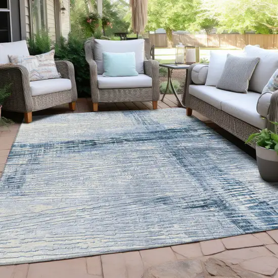 Sky Blue And Ivory Striped Washable Indoor Outdoor Area Rug Photo 6