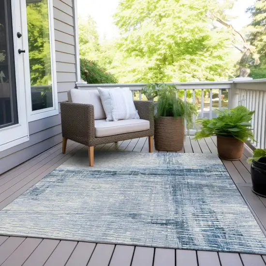 Sky Blue And Ivory Striped Washable Indoor Outdoor Area Rug Photo 9