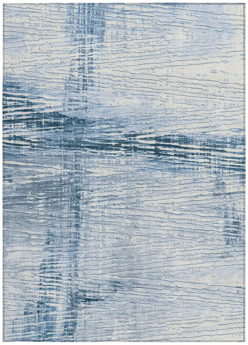 Sky Blue And Ivory Striped Washable Indoor Outdoor Area Rug Photo 9