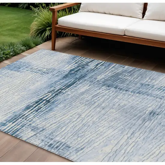 Sky Blue And Ivory Striped Washable Indoor Outdoor Area Rug Photo 2