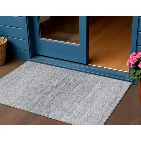 Sky Blue And Ivory Striped Washable Indoor Outdoor Area Rug Photo 2