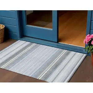 Photo of Sky Blue And Ivory Striped Washable Indoor Outdoor Area Rug