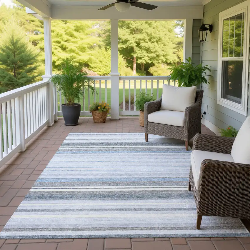 Sky Blue And Ivory Striped Washable Indoor Outdoor Area Rug Photo 9