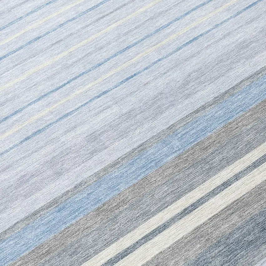 Sky Blue And Ivory Striped Washable Indoor Outdoor Area Rug Photo 7