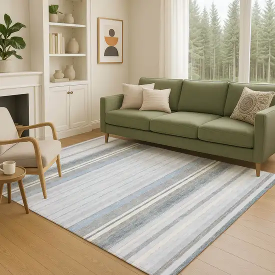 Sky Blue And Ivory Striped Washable Indoor Outdoor Area Rug Photo 8