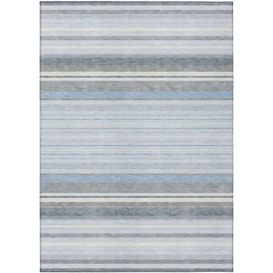 Sky Blue And Ivory Striped Washable Indoor Outdoor Area Rug Photo 2