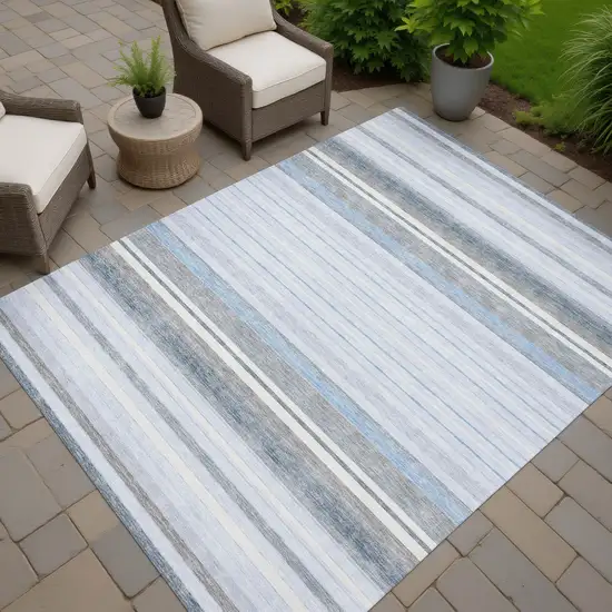 Sky Blue And Ivory Striped Washable Indoor Outdoor Area Rug Photo 8