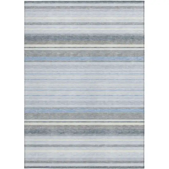 Sky Blue And Ivory Striped Washable Indoor Outdoor Area Rug Photo 5