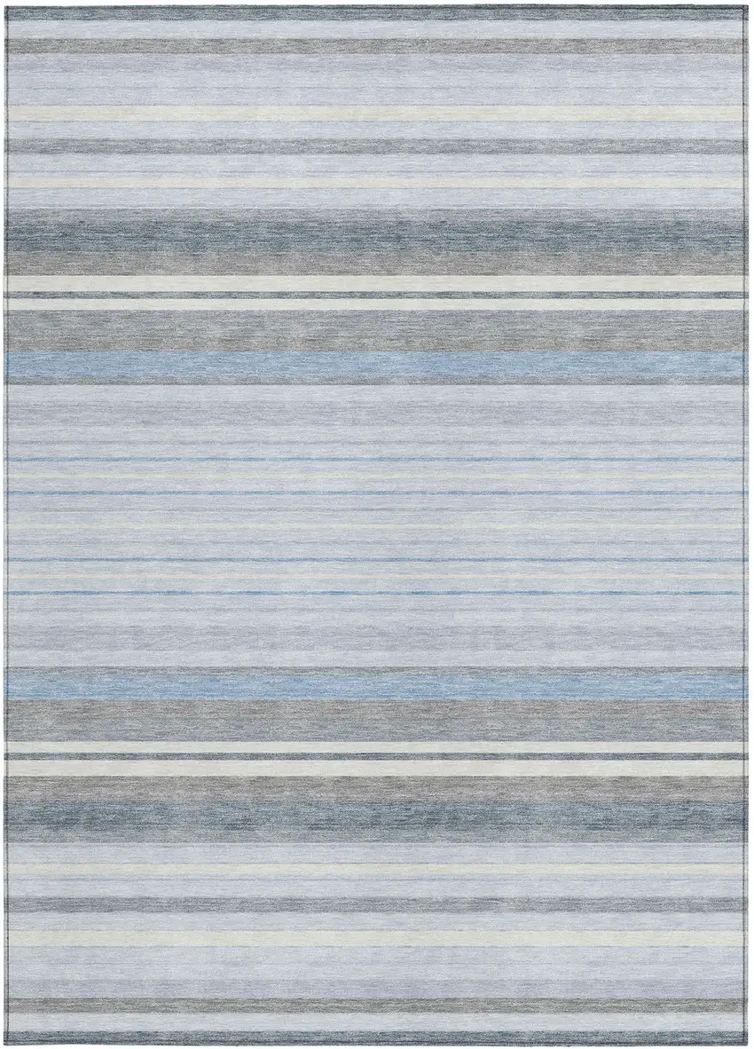 Sky Blue And Ivory Striped Washable Indoor Outdoor Area Rug Photo 5
